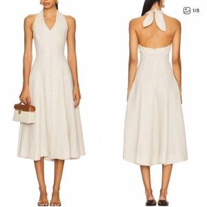 L'Academie by Marianna Uma Linen Midi Dress -Natural Beige Oatmeal Halter Causa